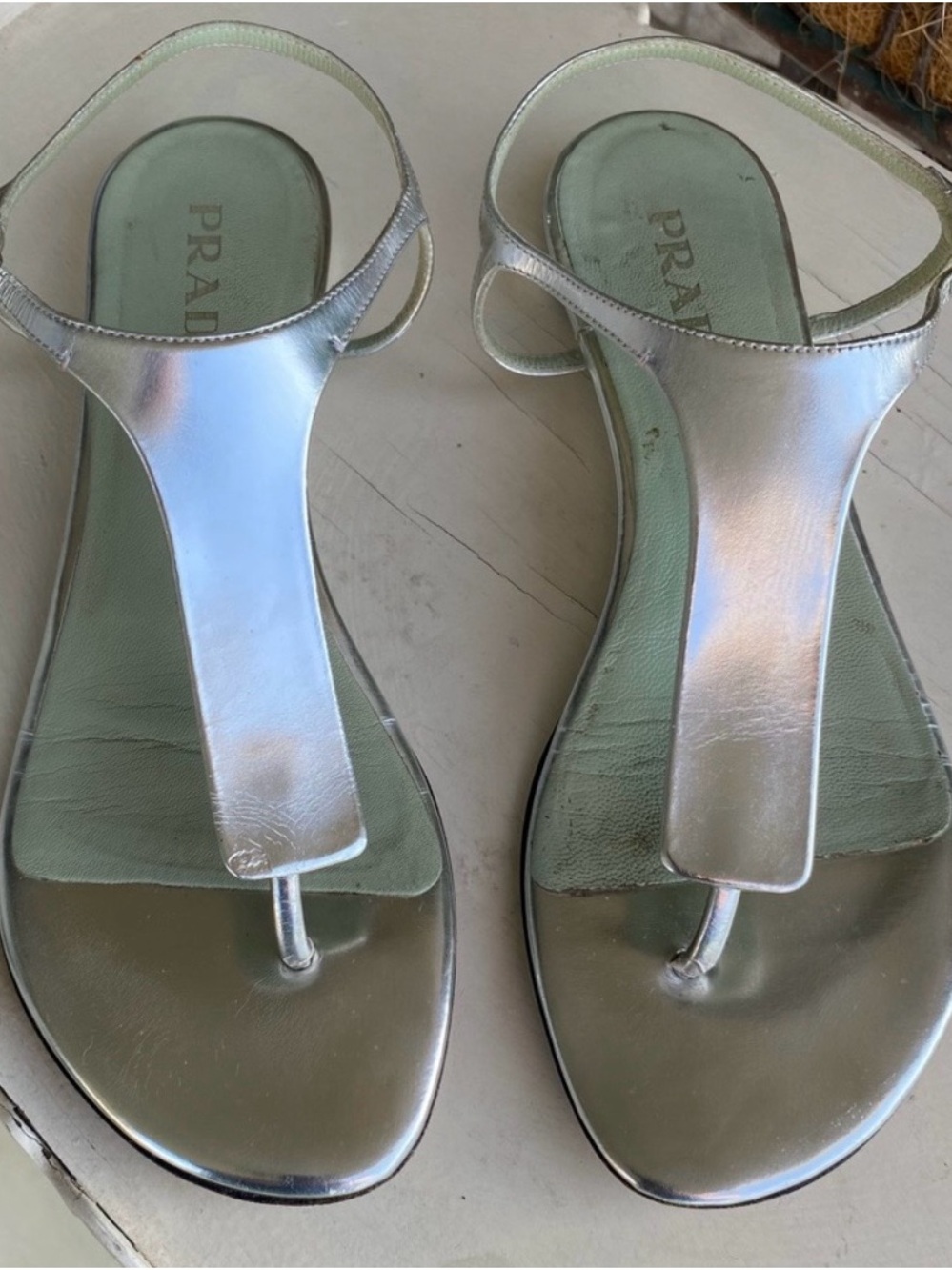 Prada Metallic Silver Leather T-Strap Toe-Post Sandals